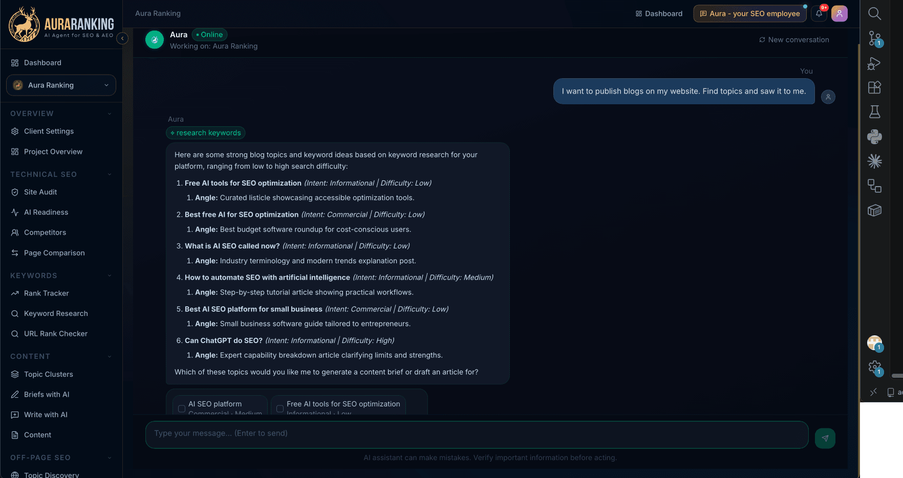 Ask for blog topics, get real keyword-researched ideas instantly
